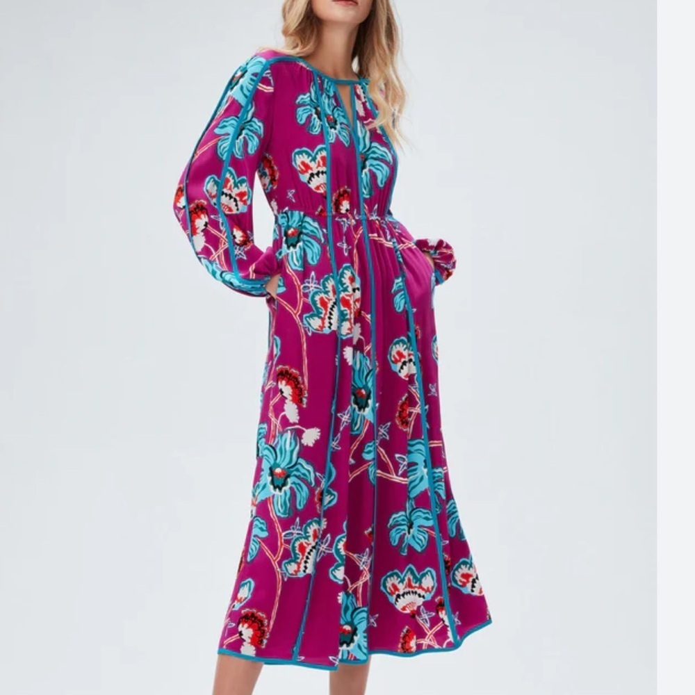 Diane Von Furstenberg Purple Floral Long Sleeve Dress Size S - Picture 1 of 16
